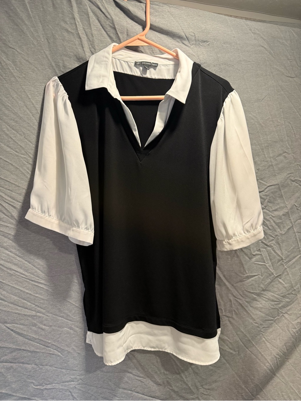 Adrianna Papell Black & White Layered-Look Puff Sleeve Top